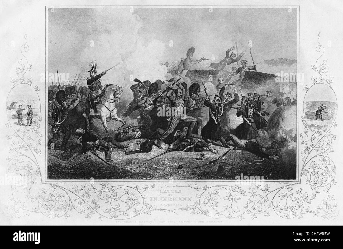 La huella de la antigua guerra de Crimea titulada “Batalla de INKERMANN – 5 de noviembre de 1854”, que representa “Los guardias resisten el ataque contra el reducto de armas de 2”. Grabado por T. Sherratt de una obra de arte original de R. Hind. Foto de stock