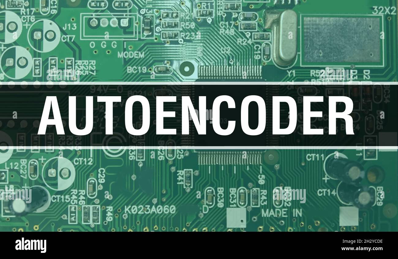 Concepto de codificador automático con placa base para ordenador. Texto