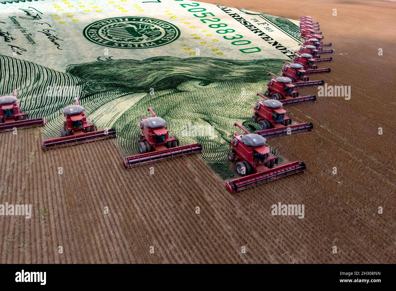 Cosecha masiva de soja en una granja del estado de Mato Grosso, Brasil. Concepto de materias primas con agroindustria y billete de dólar. Foto de stock