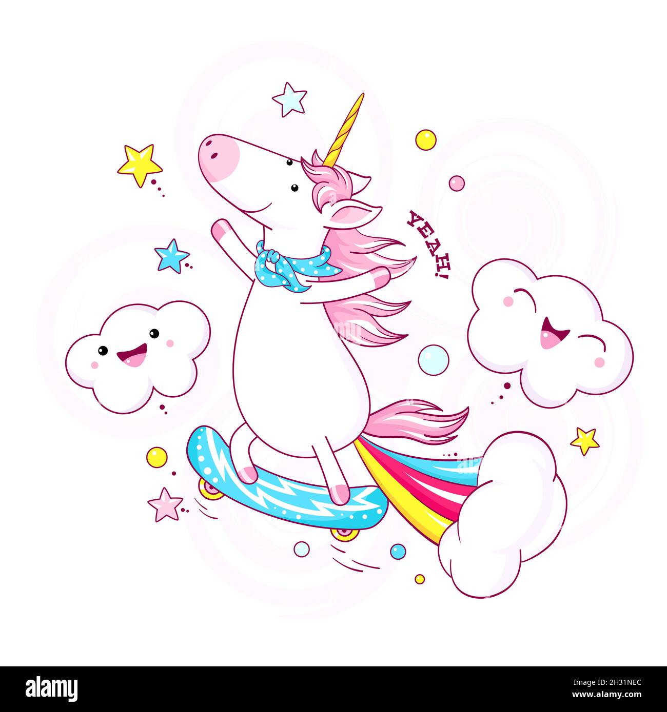 Lindo unicornio monta un monopatín y farsa con arco iris y humo que explota desde su fondo. Farting caricatura unicornio e inscripción Sí! Puede ser Ilustración del Vector