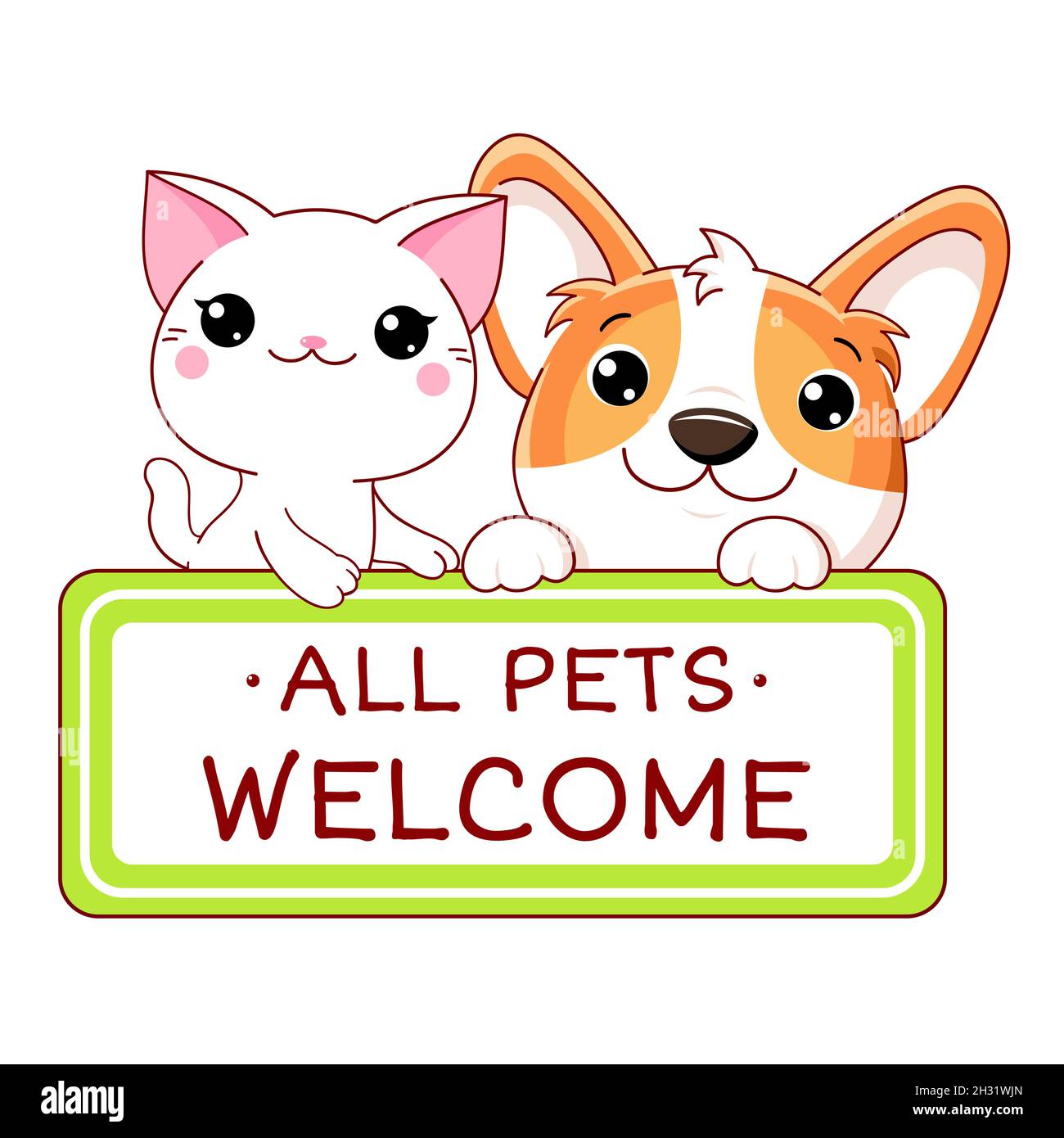 Kawaii corgi cachorro y gatito con etiqueta de vector para mascotas.  Estampilla o pegatina con texto para mascotas. Clínica veterinaria,  etiqueta de tienda, pegatina. Inscripción Todos Imagen Vector de stock -  Alamy