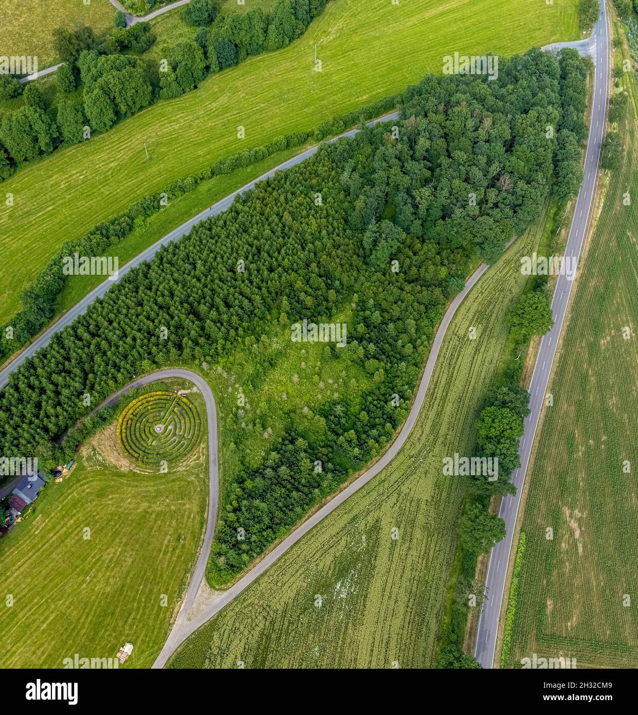 , Vista aérea, laberinto Drolshagen, cerca del pueblo Stupperhof, Drolshagen, Sauerland, Renania del Norte-Westfalia, Alemania, DE, Europa, laberinto de hedge, Foto de stock
