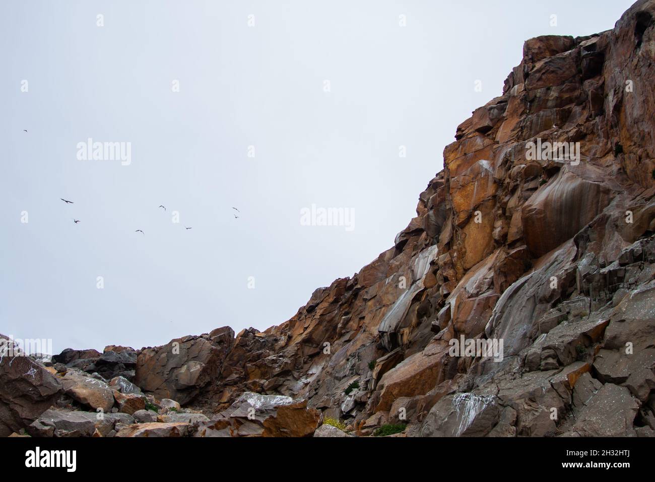 Impresionantes acantilados rocosos altos y cielo | Increíble formaciones rocosas, paredes de acantilados, con aves volando en el cielo en el fondo Foto de stock