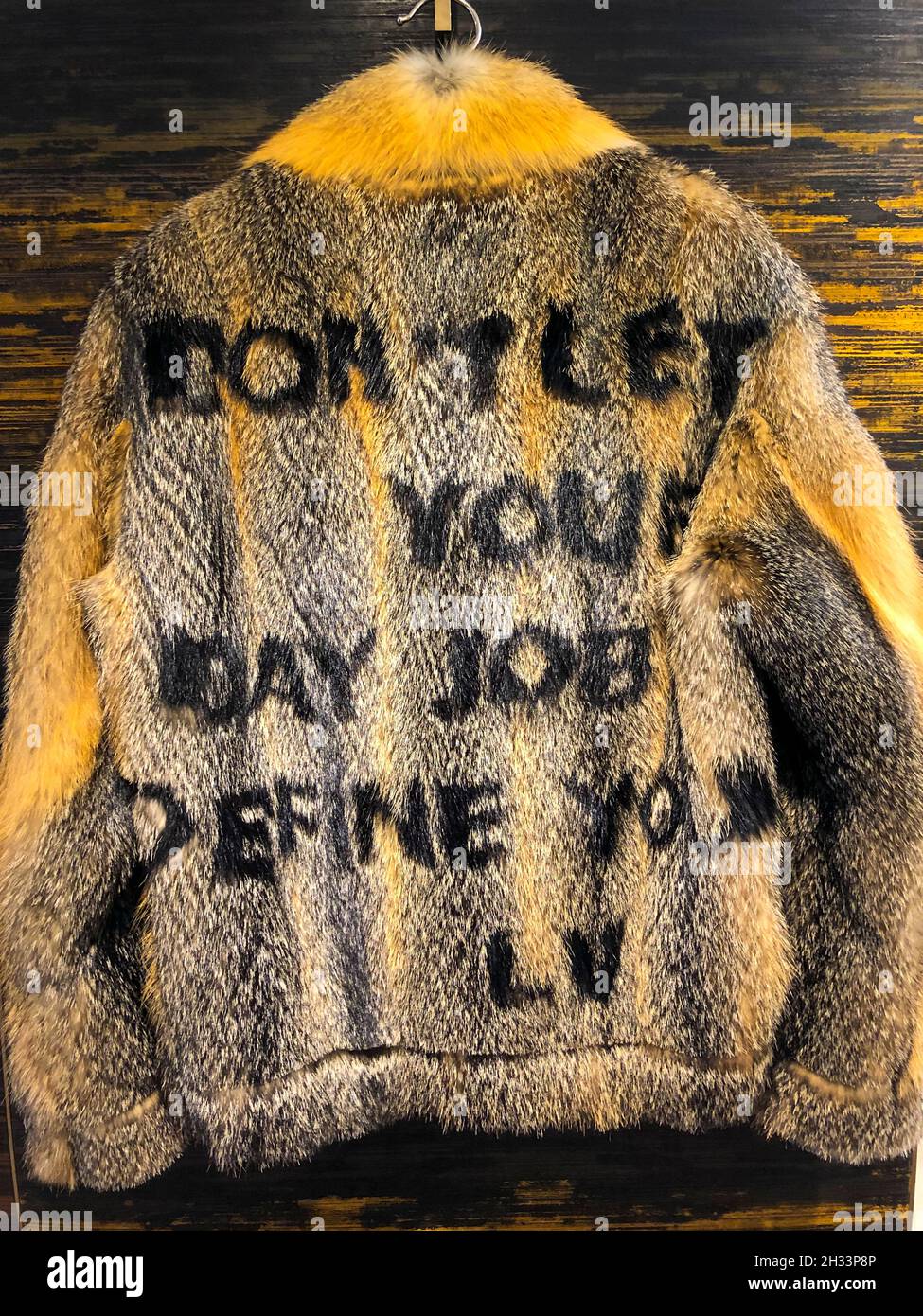 Paris, Francia, Detalle, Abrigo de piel con eslogan, En exposición,  interior, Tienda de ropa de lujo , LVMH Louis Vuitton Fotografía de stock -  Alamy