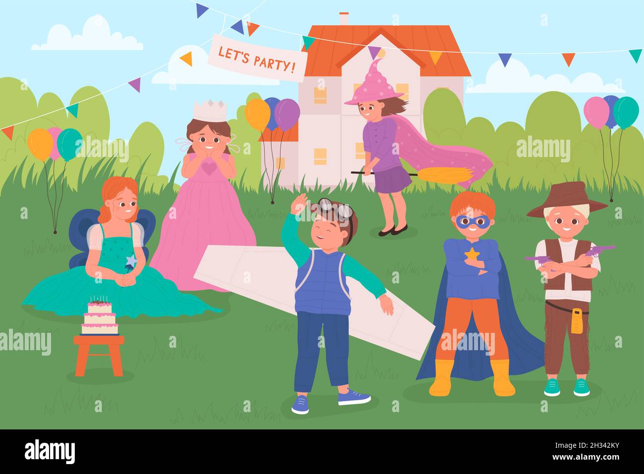 Niños lindos en la ilustración del vector de la fiesta del carnaval. Niños  de dibujos animados grupo de personajes con disfraces de mascarada, niñas  con vestido de princesa, bruja con escoba, vaquero