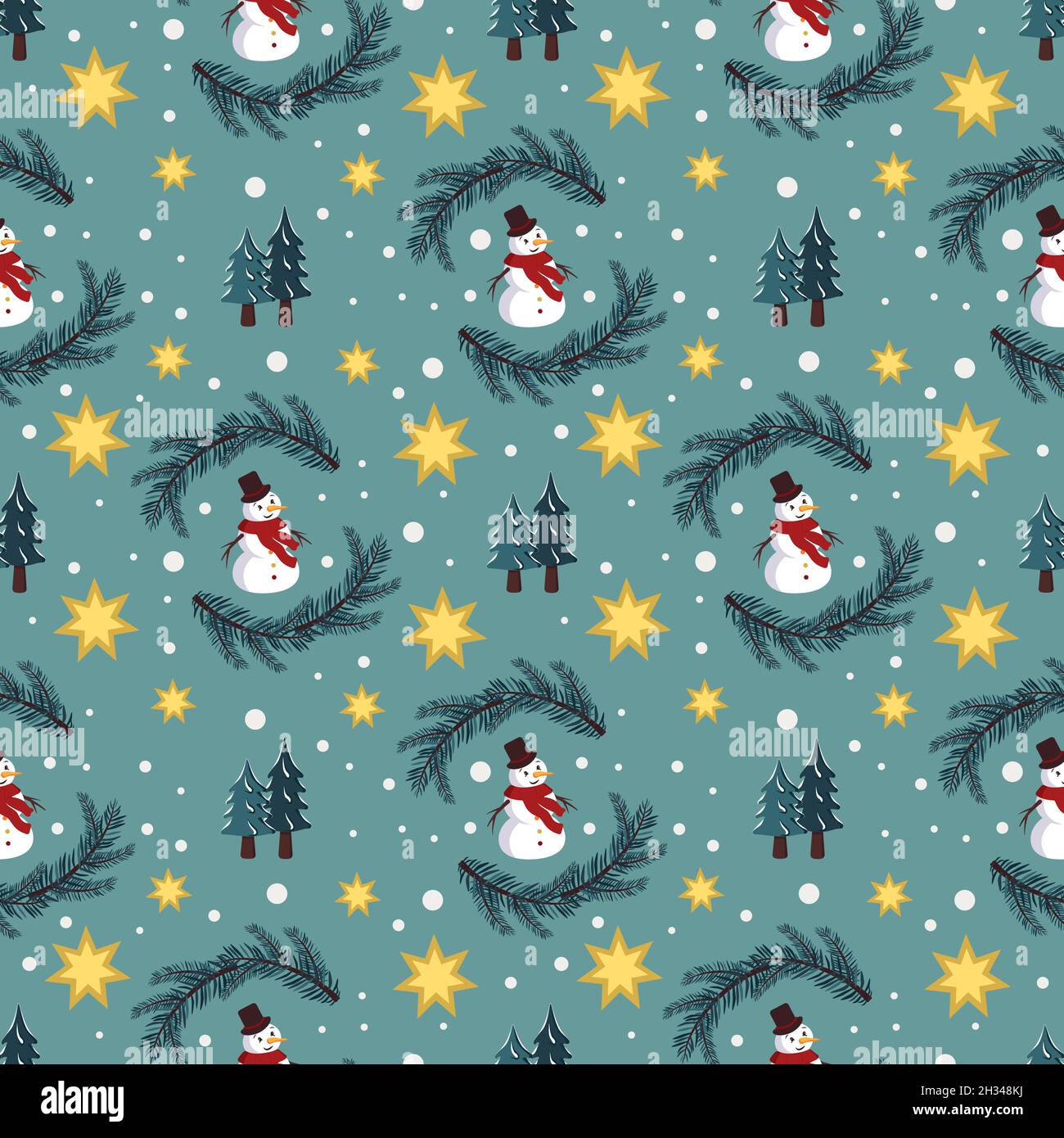 Patrón navideño sin costuras con muñecos de nieve, abetos, estrellas y  copos de nieve sobre fondo azul. Impresión brillante para Año Nuevo y  vacaciones de invierno, papel para envolver, textiles y diseño