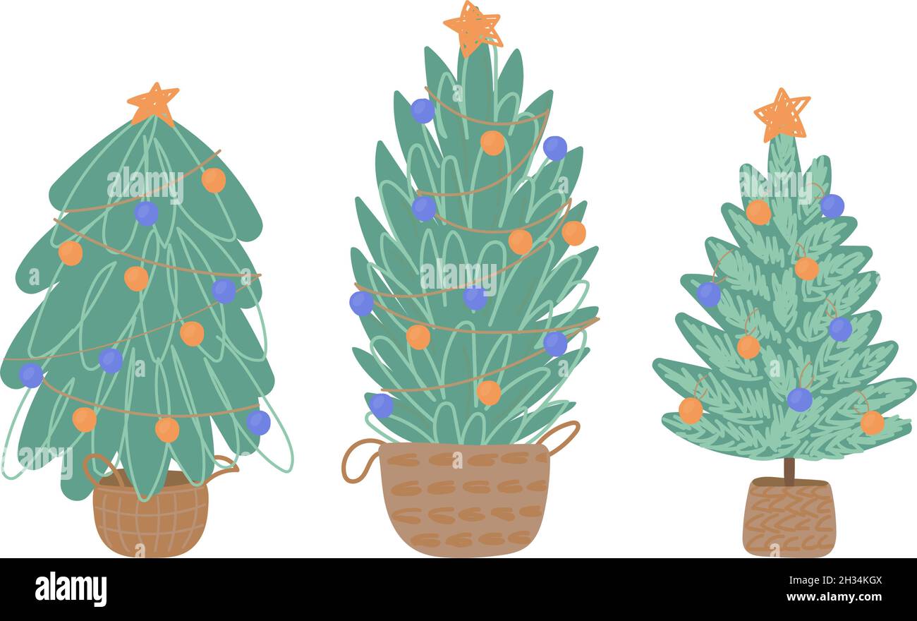 Conjunto de abetos de Navidad en modernas cestas de mimbre. Ilustración  vectorial en estilo plano sobre fondo blanco Imagen Vector de stock - Alamy