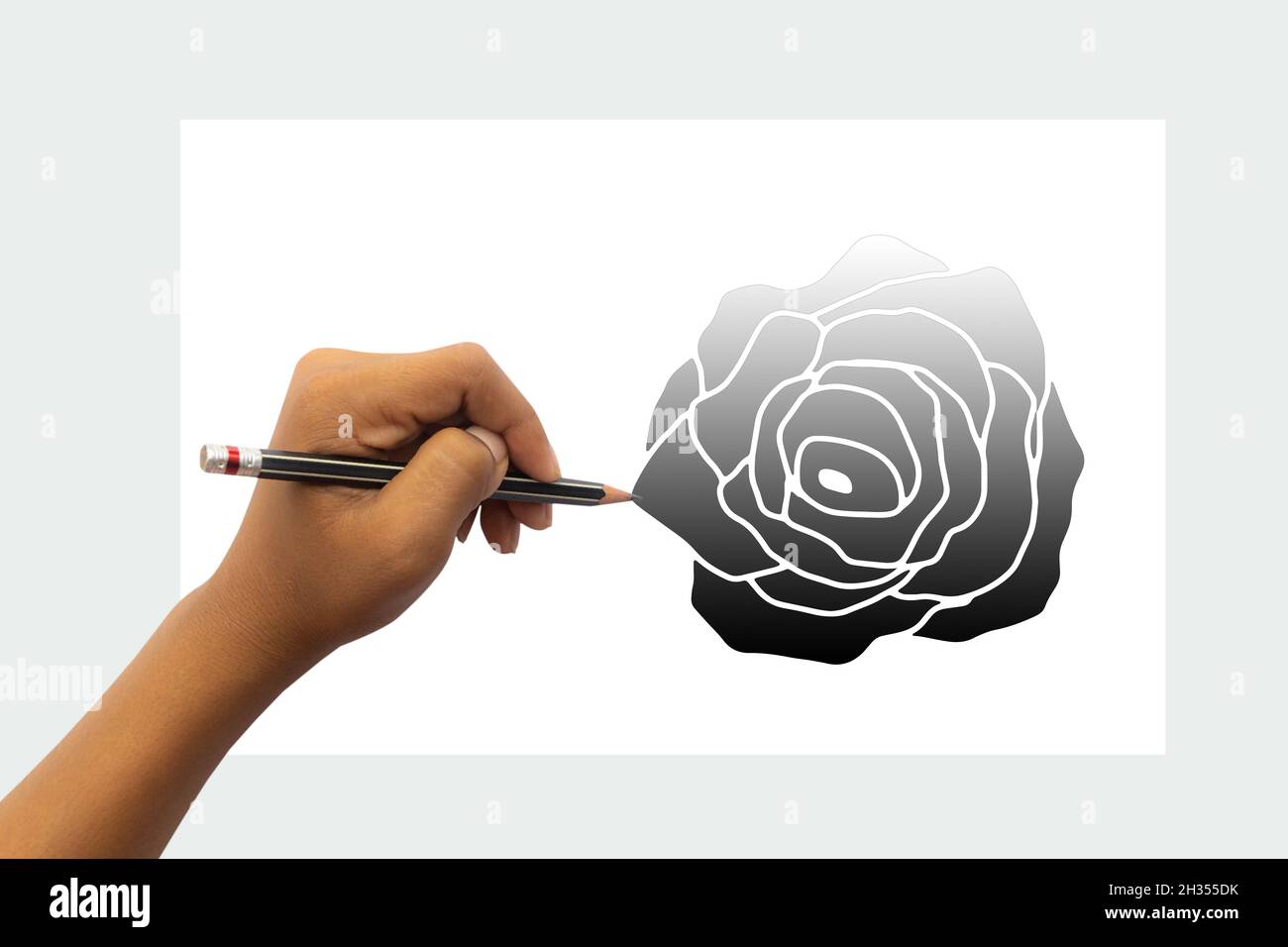La mano del niño está lista para dibujar una flor de rosa negra con un lápiz negro. Aislado sobre fondo de mesa blanco Fotografía de stock - Alamy La mano del niño está lista para dibujar una flor de rosa negra con un lápiz negro. Aislado sobre fondo de mesa blanco Fotografía de stock - Alamy