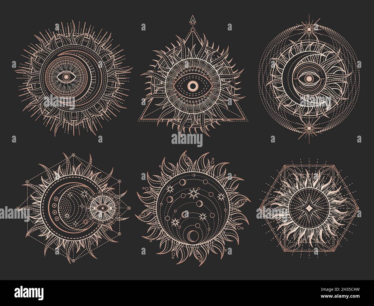 Conjunto vectorial de símbolos sagrados y figuras geométricas sobre fondo negro. Signos abstractos de oro. Para usted diseño y artesanía mágica. Ilustración del Vector