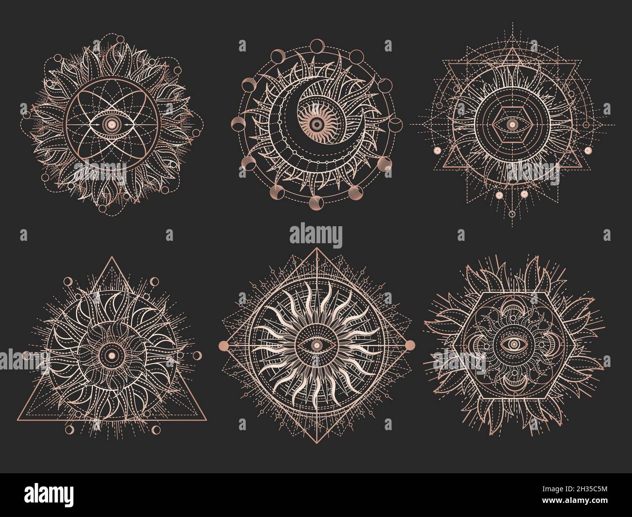 Conjunto vectorial de símbolos sagrados y figuras geométricas sobre fondo negro. Signos abstractos de oro. Para usted diseño y artesanía mágica. Ilustración del Vector