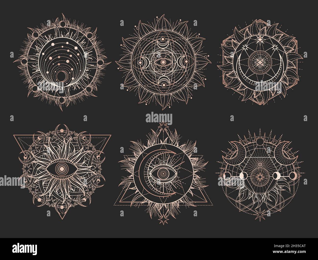 Conjunto vectorial de símbolos sagrados y figuras geométricas sobre fondo negro. Signos abstractos de oro. Para usted diseño y artesanía mágica. Ilustración del Vector