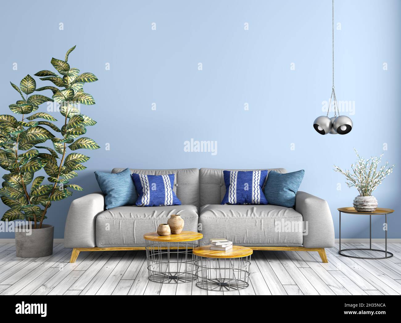 Diseño interior moderno de sala de estar con sofá gris, mesas de café de  madera, planta, contra la pared azul 3D renderizado Fotografía de stock -  Alamy