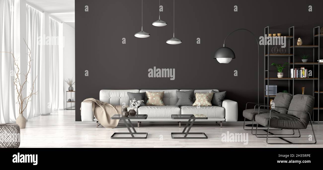 Diseño interior moderno del apartamento, sala de estar con sofá gris y sillones  negros, hogar 3D renderizado Fotografía de stock - Alamy