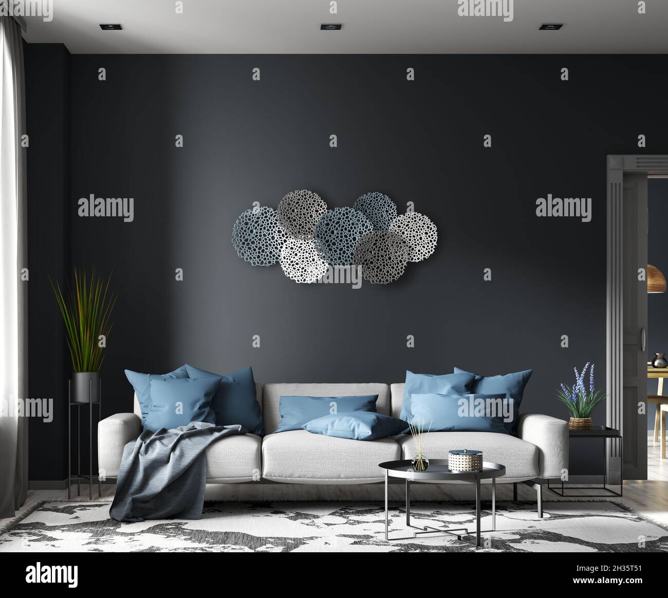 Moderno diseño interior de acogedor apartamento con pared negra, ventana y  puerta, sala de estar con sofá gris. Pared con espacio para copias. 3d  renderizado Fotografía de stock - Alamy