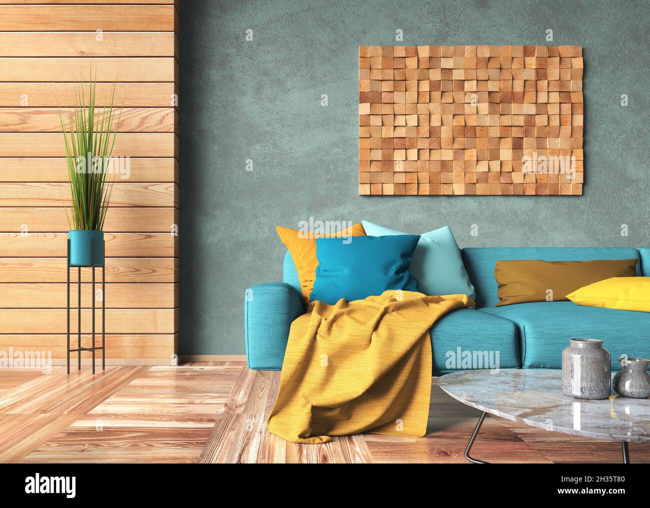 Diseño interior de sala de estar moderna con sofá turquesa y cojines  multicolores. Paneles de madera y paredes de estuco azul con decoración de  madera. Inicio desi Fotografía de stock - Alamy