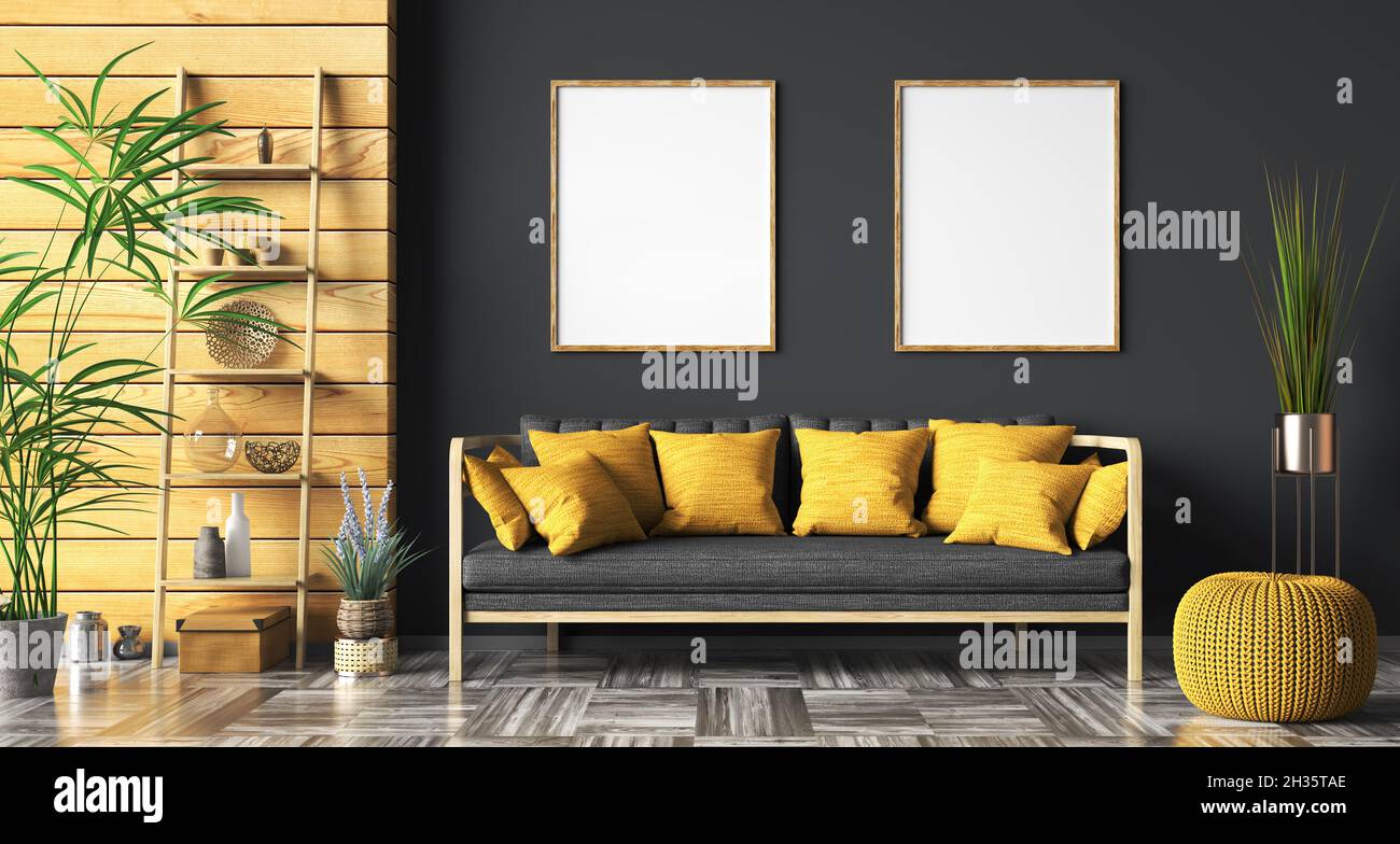 Diseño interior de moderna sala de estar con sofá negro sobre la pared de la maqueta con dos carteles, paneles de madera, diseño casero 3D renderizado Foto de stock