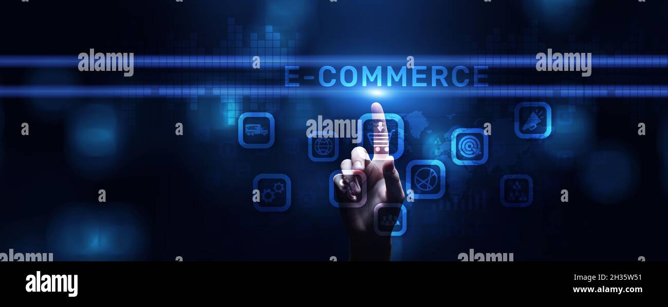 E-commerce compra en línea concepto de la tecnología de la comercialización del Internet. Foto de stock