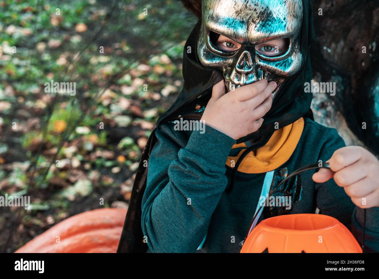 Niños de Halloween. Un chico pequeño lindo, con una máscara de miedo, un niño con un cubo naranja de dulces Jack O Lantern, al lado de una tela de araña. Feliz Halloween. Foto de stock