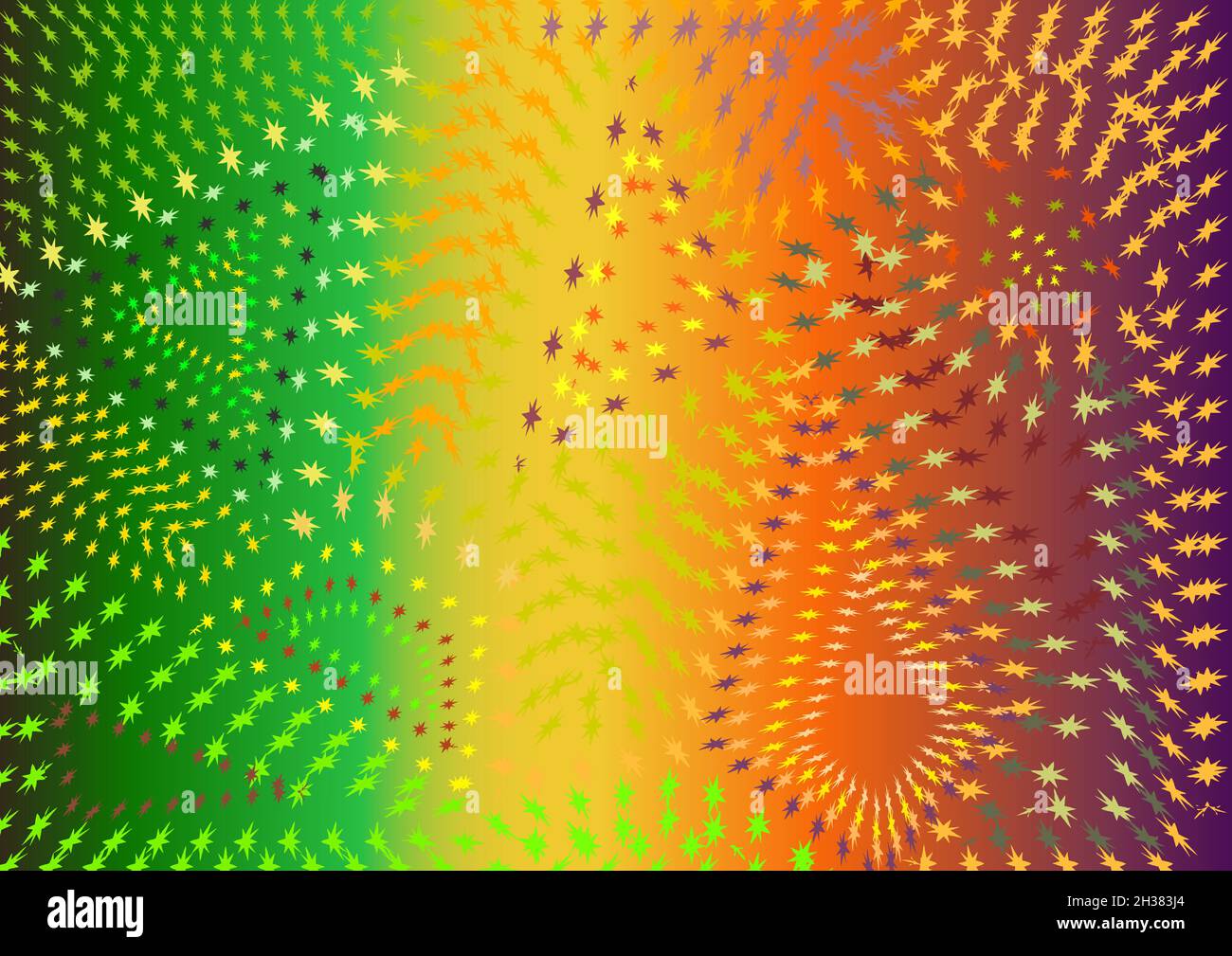 Estrellas sobre un fondo degradado. Colores: Púrpura, burdeos, naranja, amarillo, verde, verde oscuro. Un fondo colorido con colores otoñales. Ilustración del Vector