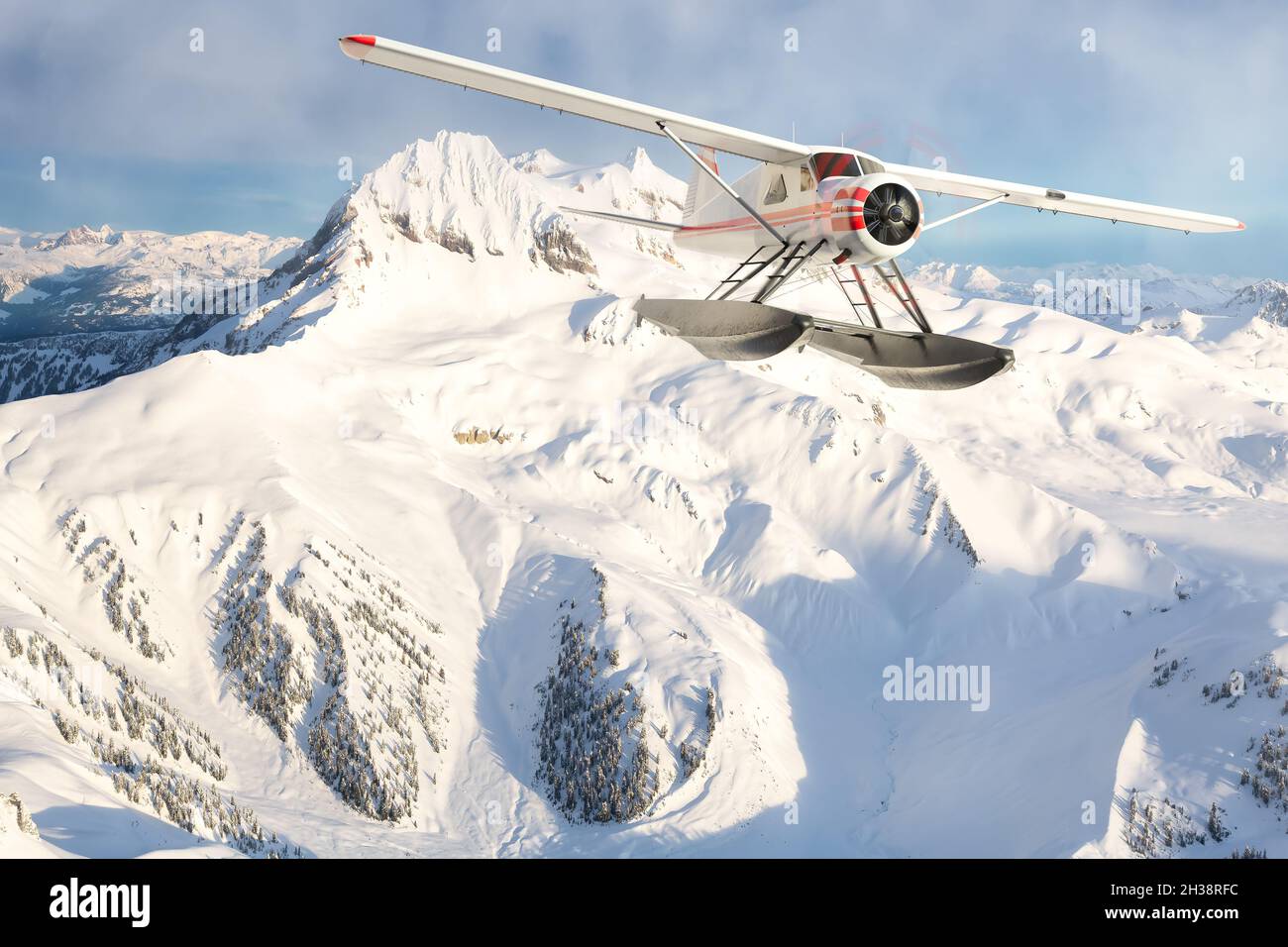 Aventura Imagen compuesta de 3D Rendering Seaplane volando sobre las Montañas Rocosas Canadienses Foto de stock