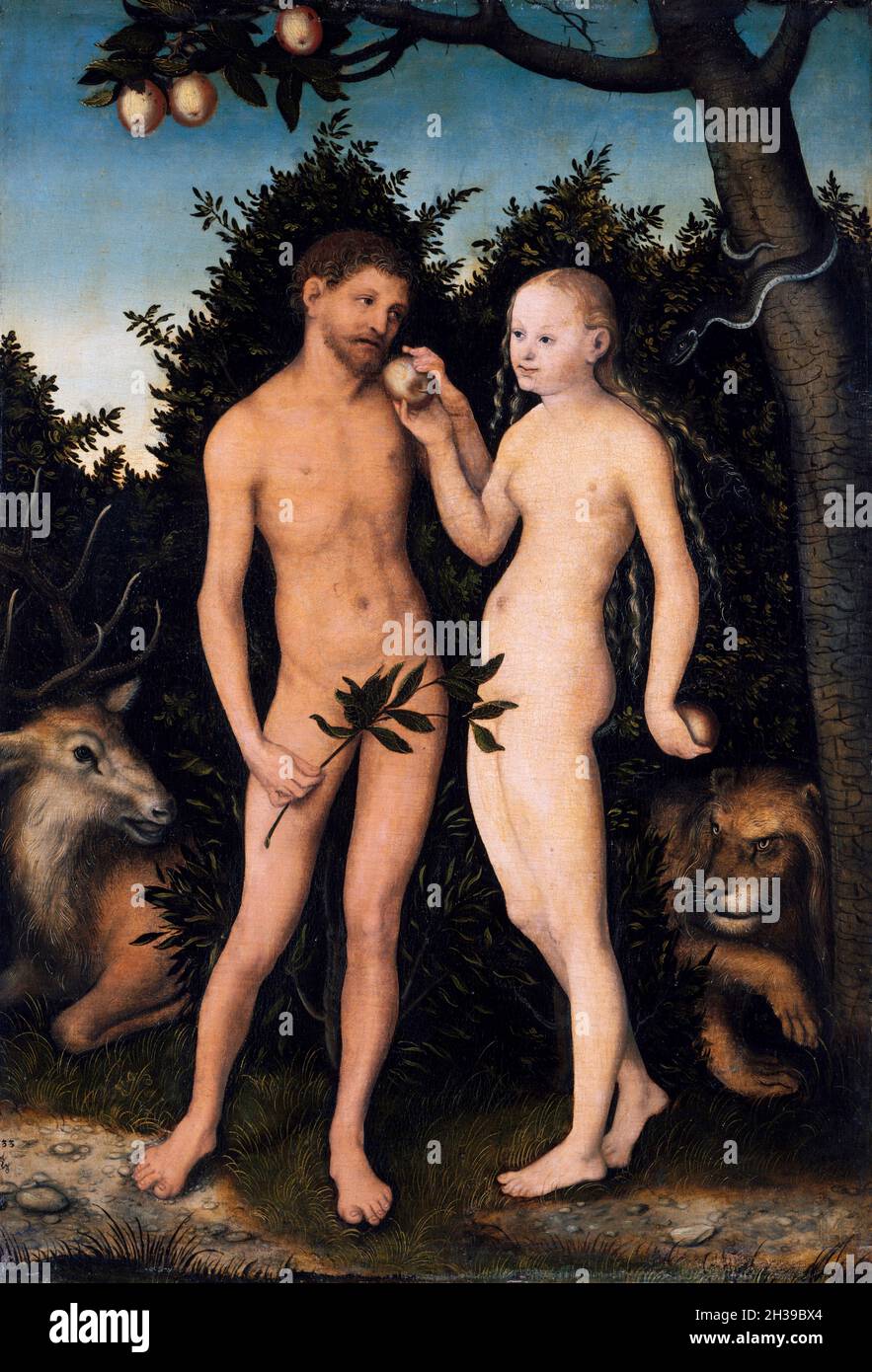 Eva ofreciendo a Adán el fruto prohibido , pintura de Lucas Cranach el Viejo Foto de stock