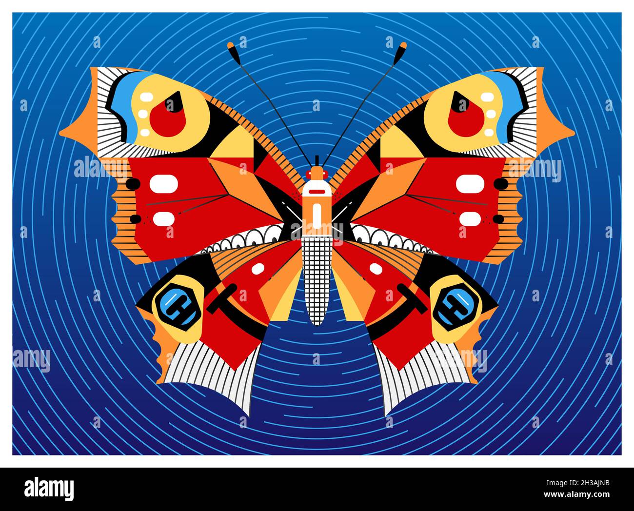 Diseño de mariposa de pavo real, diseño de dibujos animados planos. Fondo - cielo nocturno y pistas de estrellas en una exposición larga. Ilustración del Vector