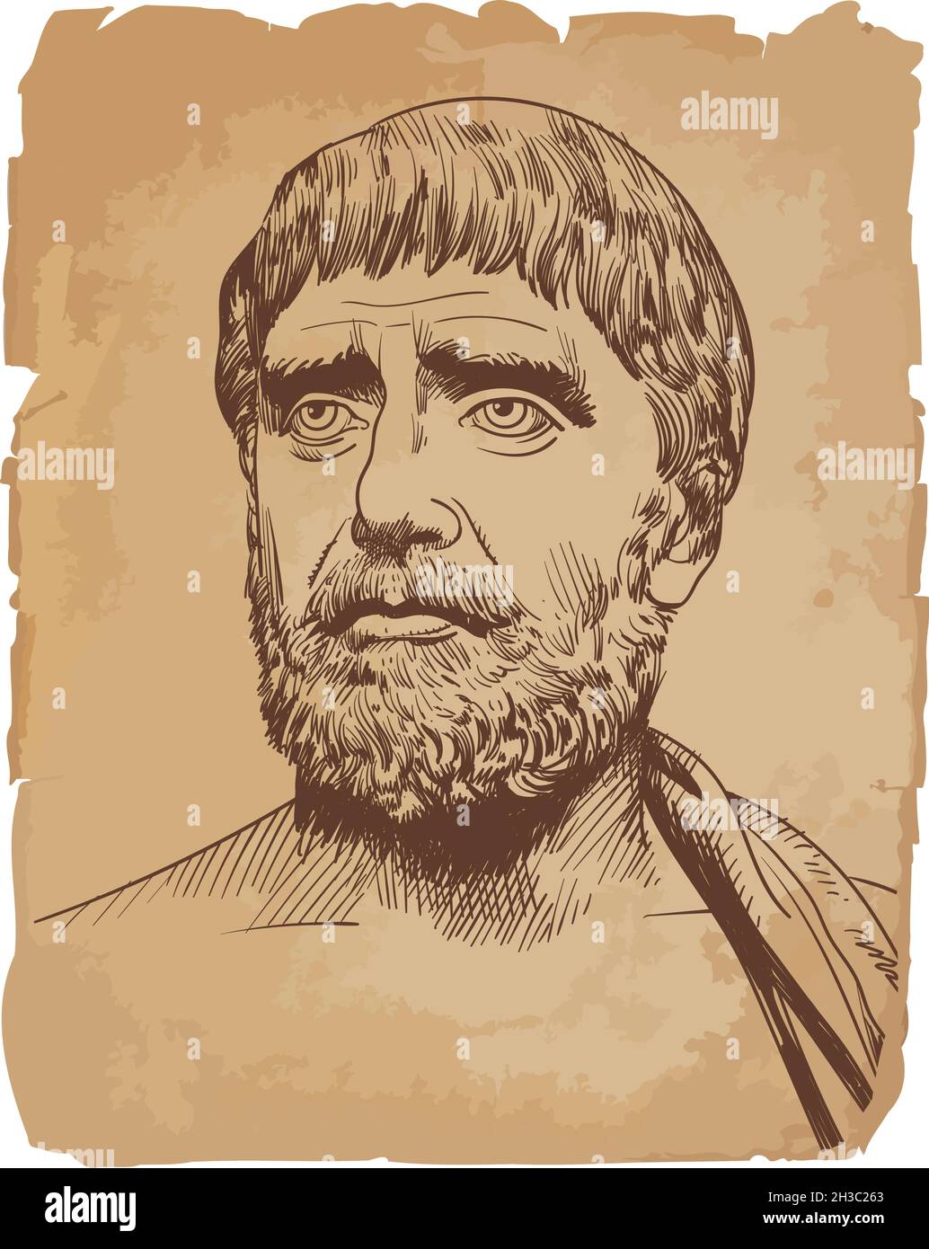 Thales de Mileto línea de arte retrato. Filósofo, matemático y astrónomo griego pre-socrático. Ilustración del Vector