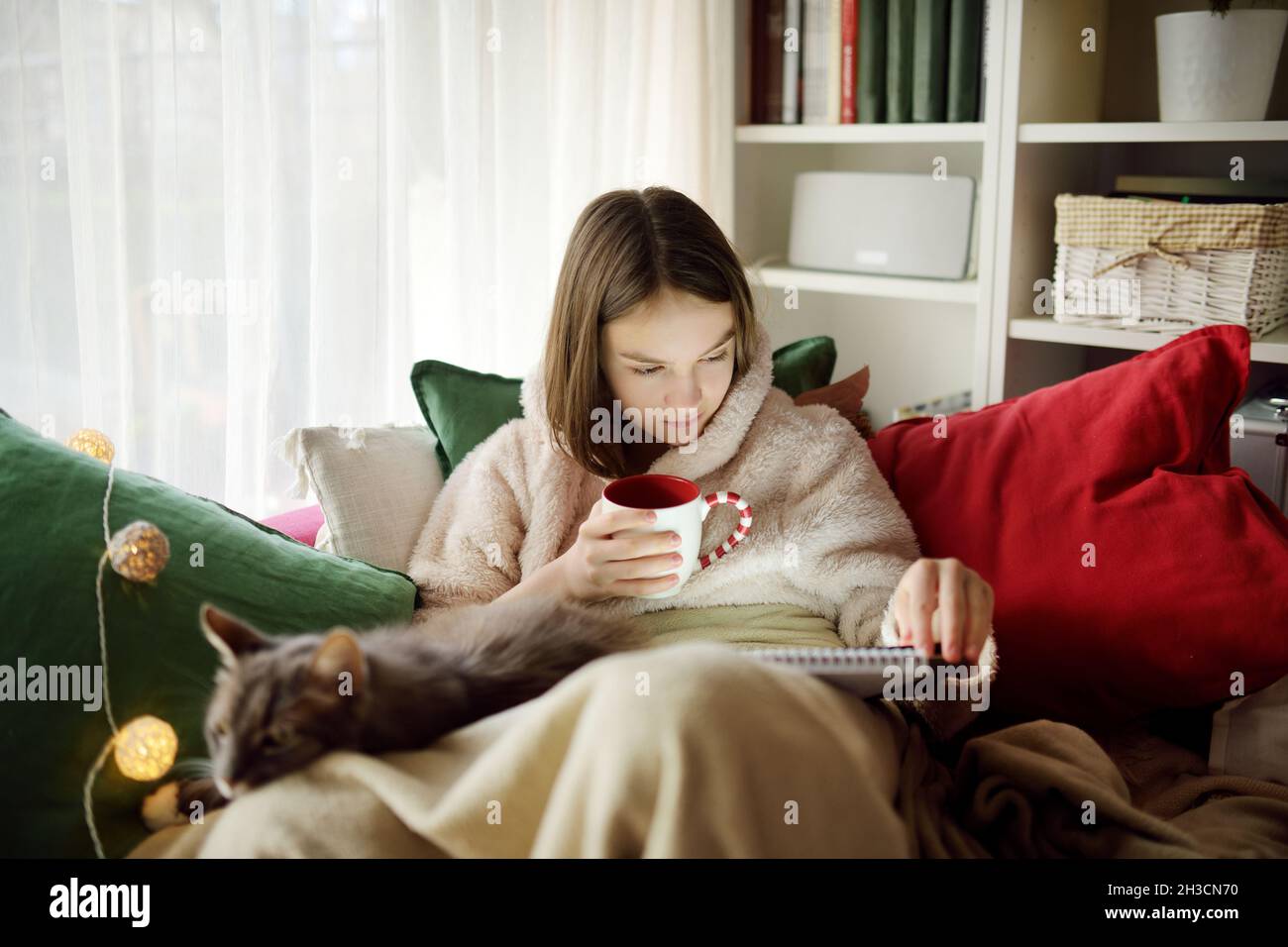 Adolescente acurrucarse en el sofá en una acogedora sala de estar en Navidad. Un niño lindo usando una tableta en casa durante las vacaciones de invierno. Niño leyendo un ebook Foto de stock
