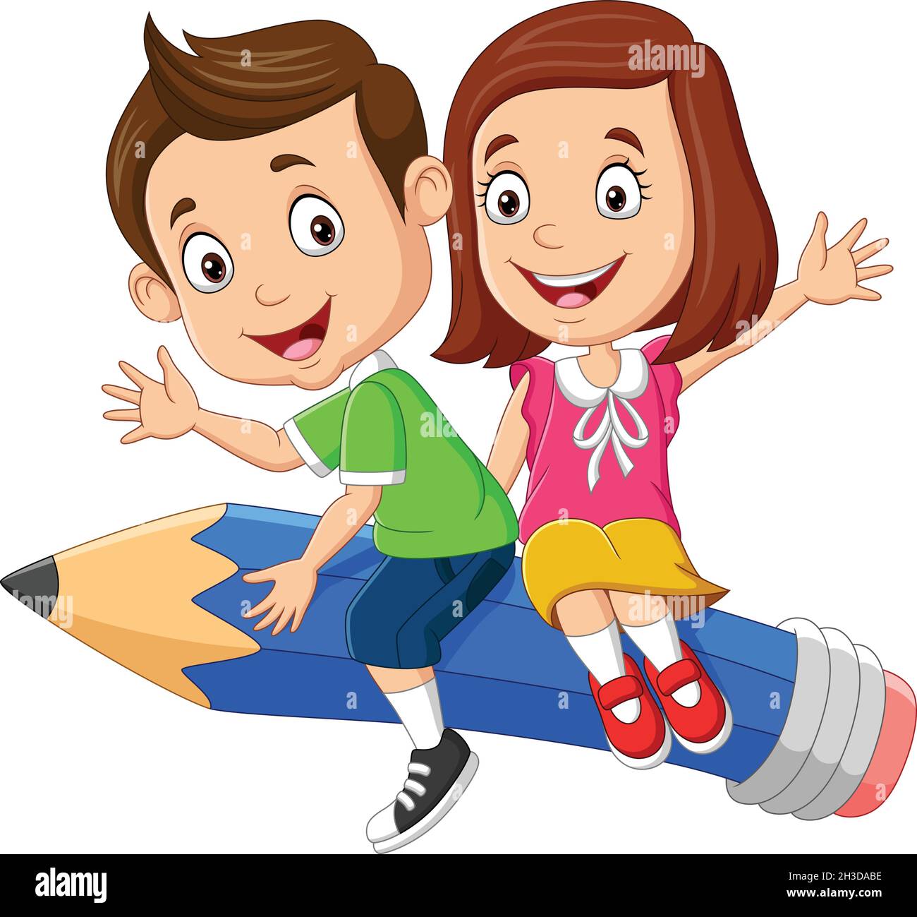 Niño y niña de dibujos animados volando sobre un lápiz Imagen Vector de  stock - Alamy