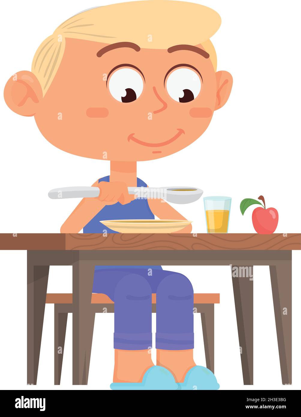 Niño de dibujos animados comiendo. Un niño lindo sentado en la mesa de la  cena Imagen Vector de stock - Alamy