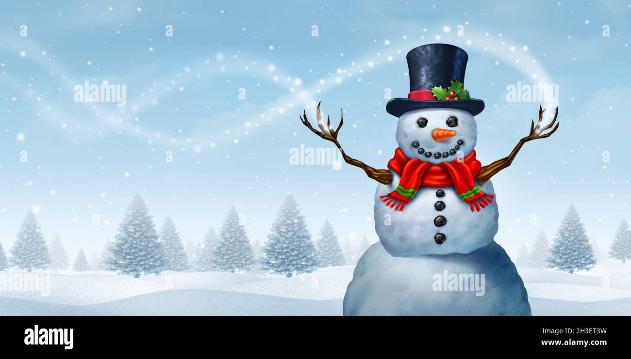 Mágico invierno muñeco de nieve de fondo y el paisaje de celebración de  Navidad con un feliz hombre de nieve con un bosque de pinos y azul perenne  Fotografía de stock -