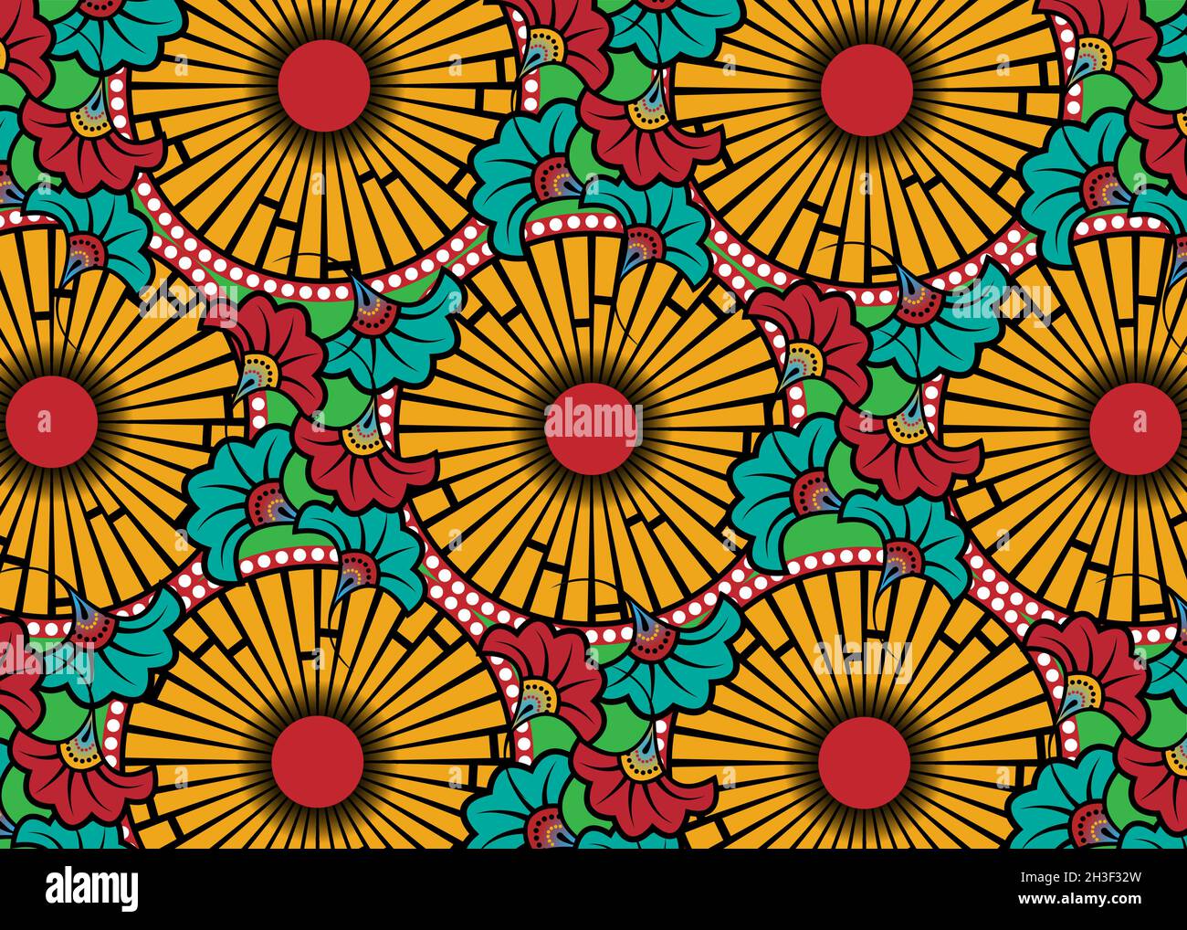 Tela con estampado de cera africana, ornamento étnico hecho a mano para su  diseño, flores afroétnicas y motivos tribales elementos geométricos.  Textura de colores vectoriales Imagen Vector de stock - Alamy