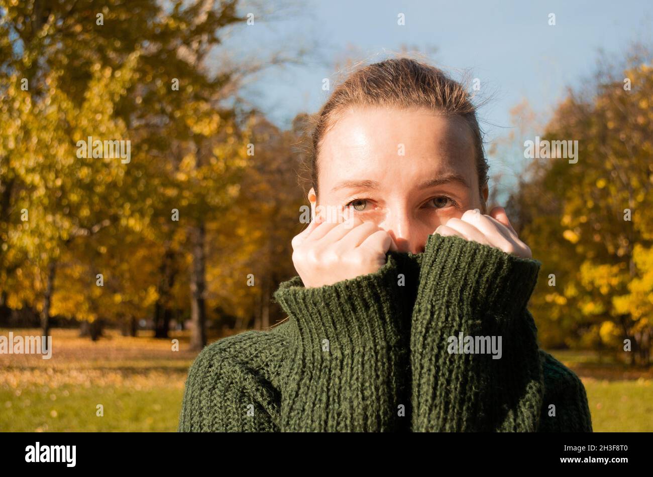 Mujer mira la cámara, oculta su rostro en el cuello de un jersey verde,  fondo de un parque otoñal Fotografía de stock - Alamy