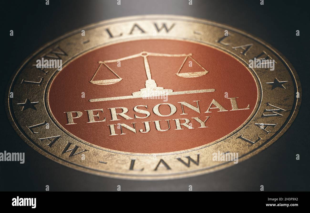 Lesiones personales escritas con letras doradas sobre fondo rojo y negro. Concepto de ley. Ilustración 3D. Foto de stock