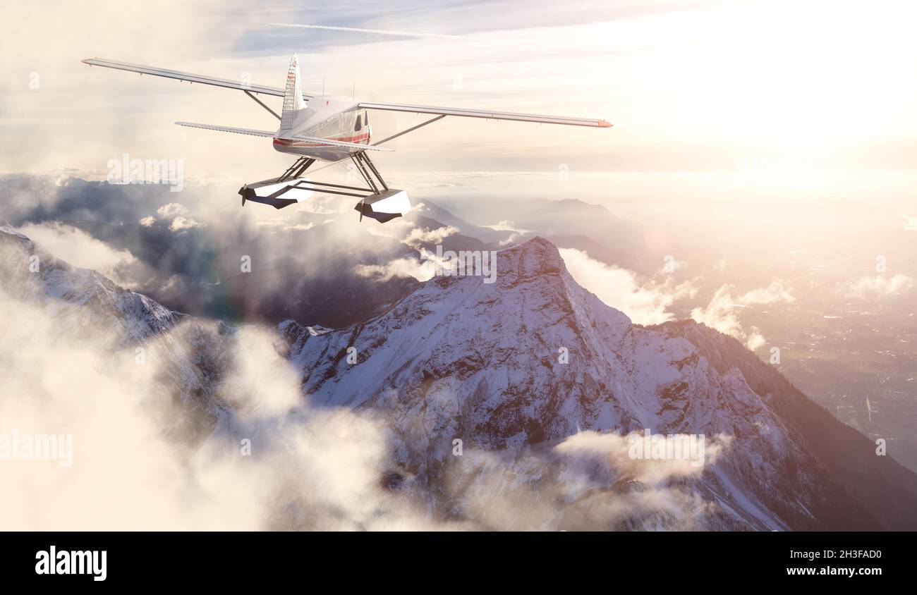 Aventura Imagen compuesta de 3D Rendering Seaplane volando sobre las Montañas Rocosas Canadienses Foto de stock