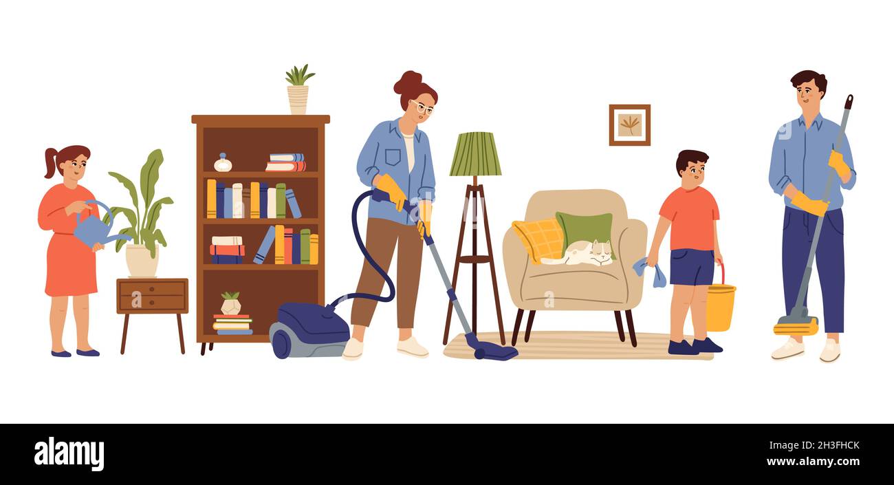 Gente limpiando a casa. La sala de estar de la familia, mamá hija haciendo  el trabajo de casa juntos. Ama de casa, niños adulto limpieza Swanky vector  concepto Imagen Vector de stock -