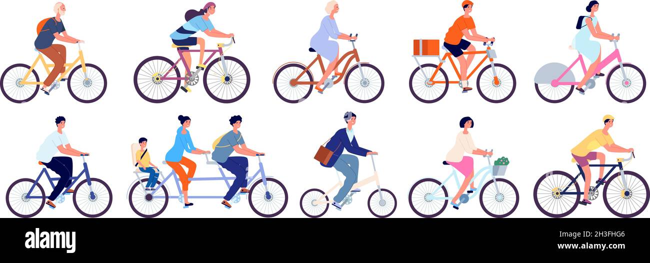 Personajes ciclistas. Divertida mujer activa, ciclista paseo en bicicleta al aire libre. Diversión de ocio, aislado lindo jinete feliz chica y persona en bicicleta utter vector conjunto Ilustración del Vector