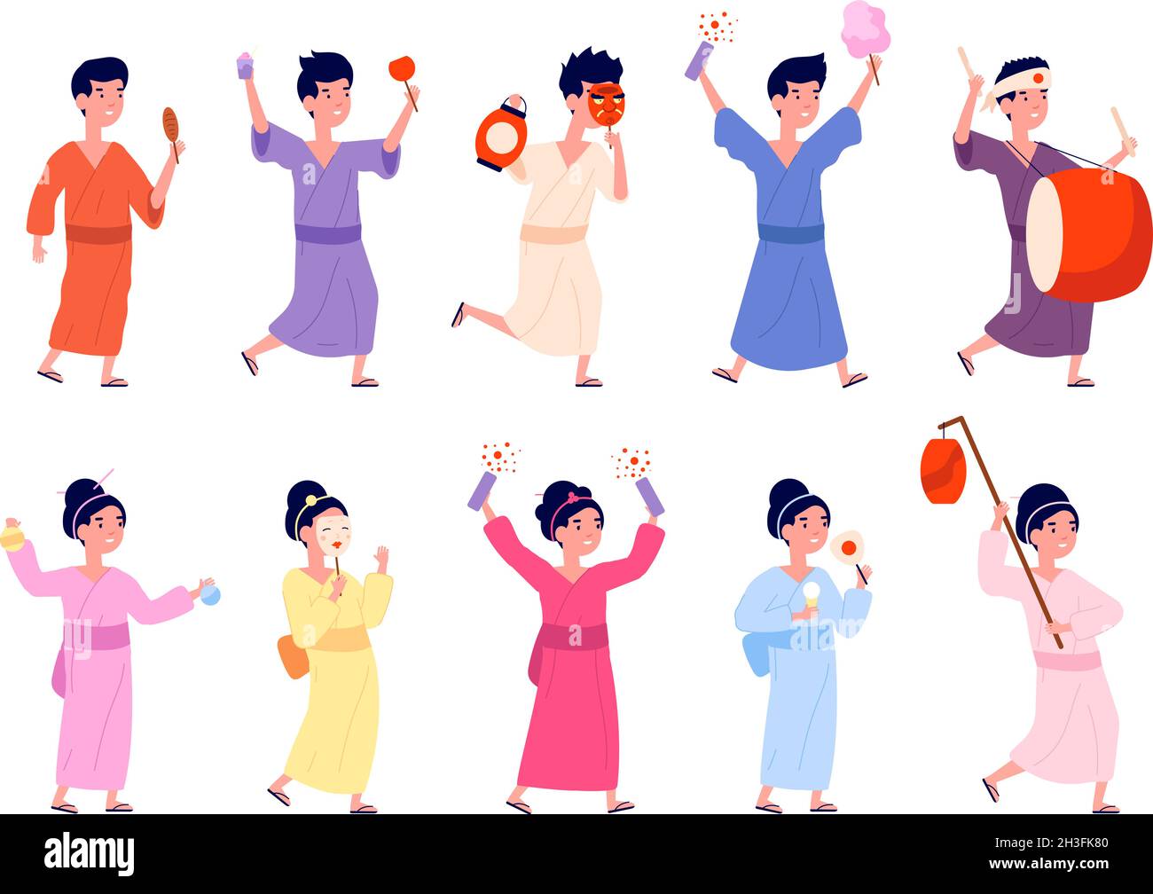 Festival de verano japonés. Niño en yukata, sonría a los niños asiáticos con elementos de celebración. Dibujos animados chica sostener dulces, los niños usan kimono utter vector conjunto Ilustración del Vector