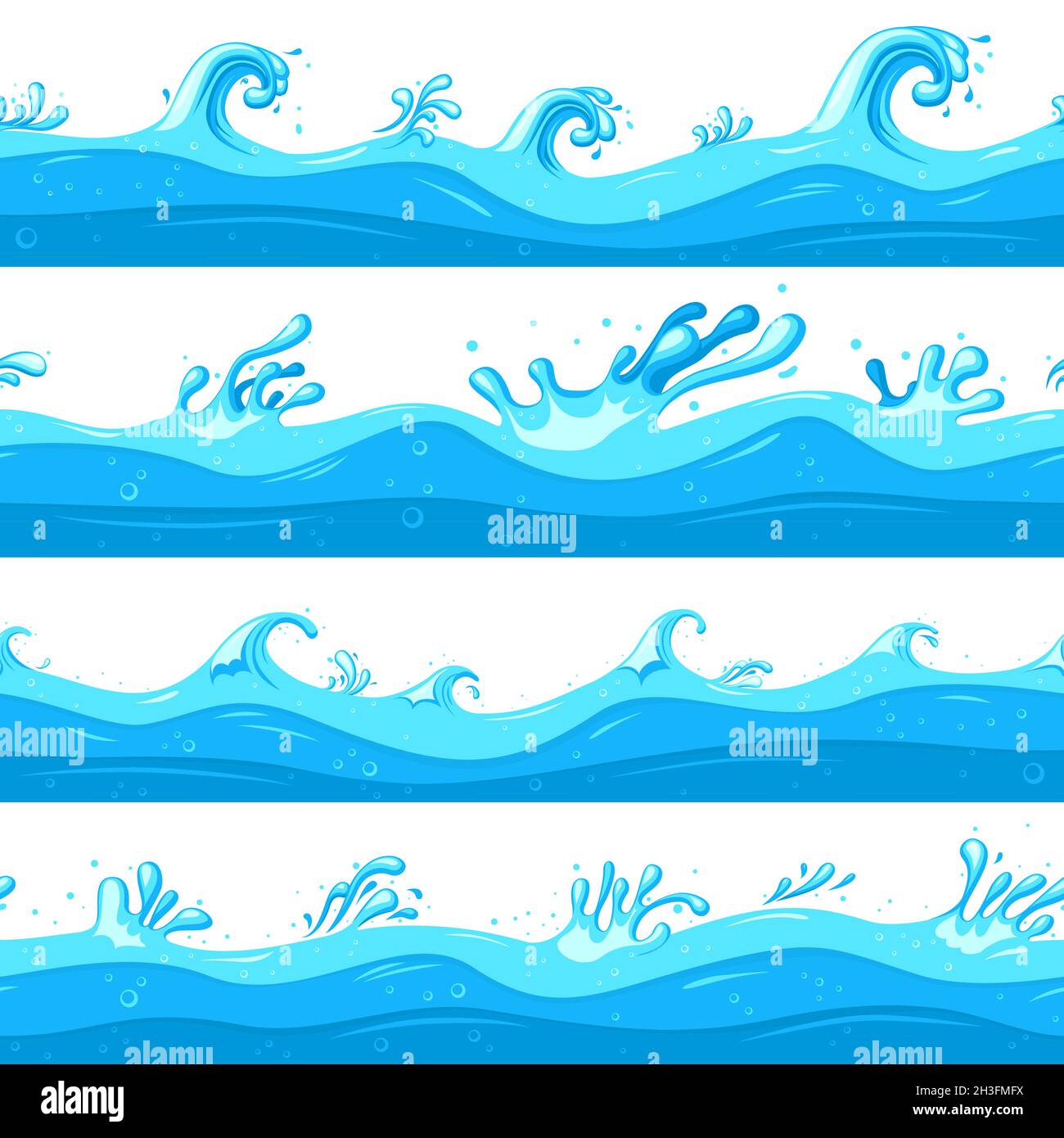 Las olas de mar de dibujos animados. Flujo del océano, partido onda plana  clipart. Caricatura azul mar o río superficie, salpicaduras de agua formas  vectores recientes sin costuras patrón Imagen Vector de