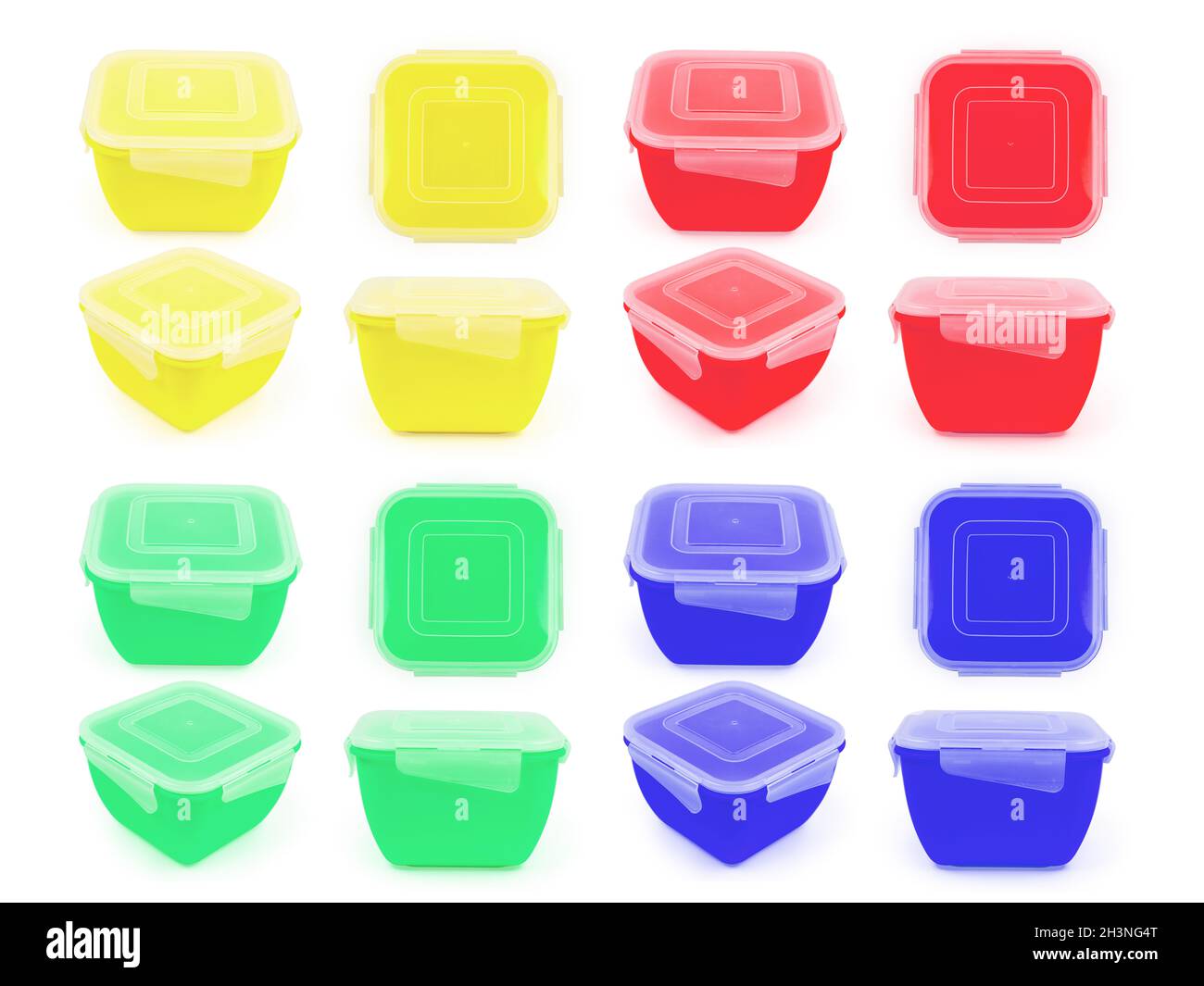Recipiente de plástico cuadrado para alimentos en color amarillo, azul,  verde y rojo en diferentes proyecciones aisladas sobre fondo blanco  Fotografía de stock - Alamy