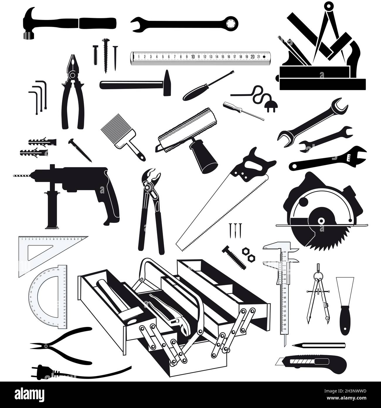 Herramientas manuales e instrumentos de medición fondo blanco, ilustración  aislada Fotografía de stock - Alamy