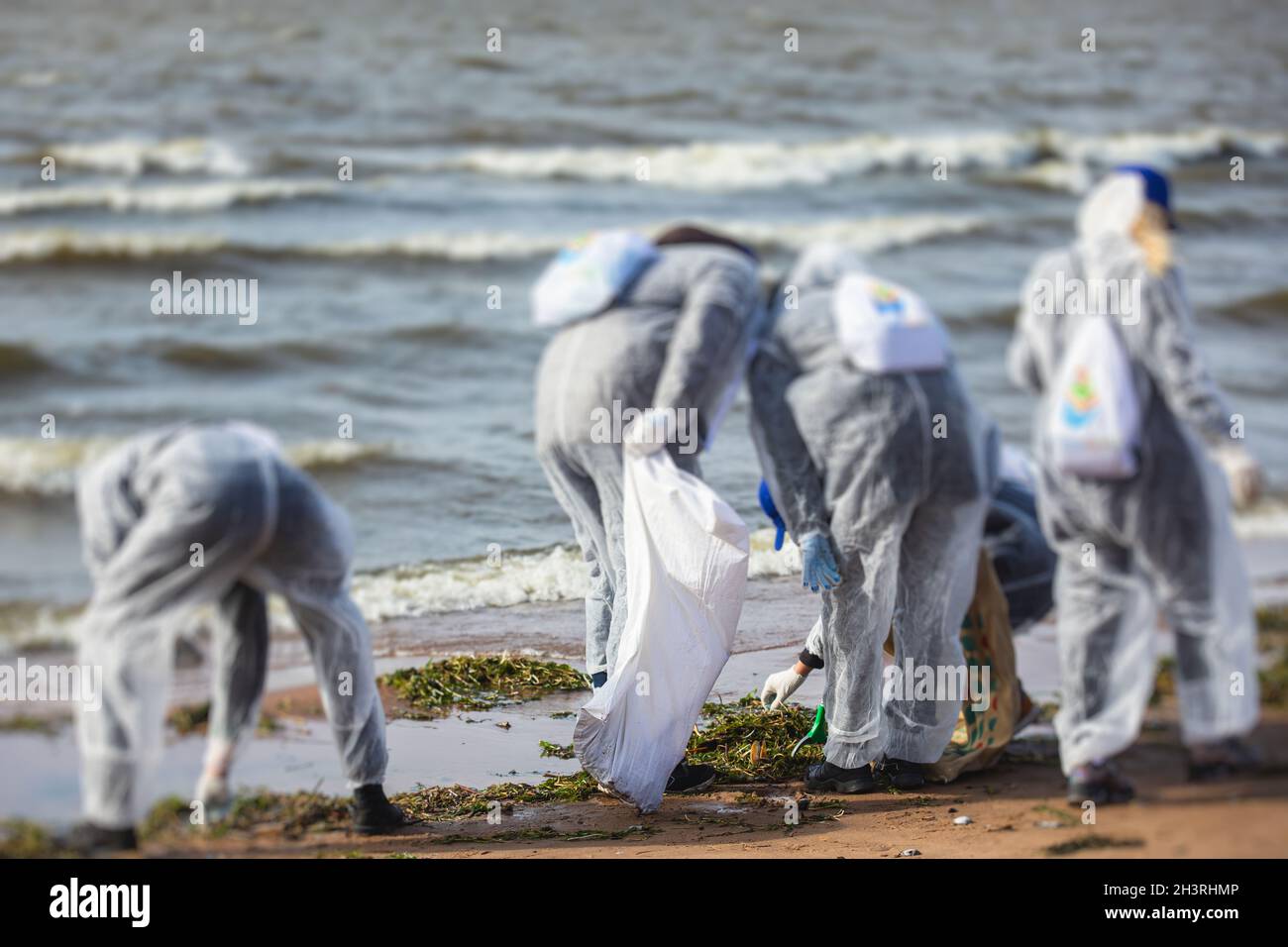 Proceso de limpieza de la línea de playa de la playa de basura basura  basura basura, grupo de eco voluntarios eliminar el derrame de productos de  petróleo, residuos de plástico A Fotografía