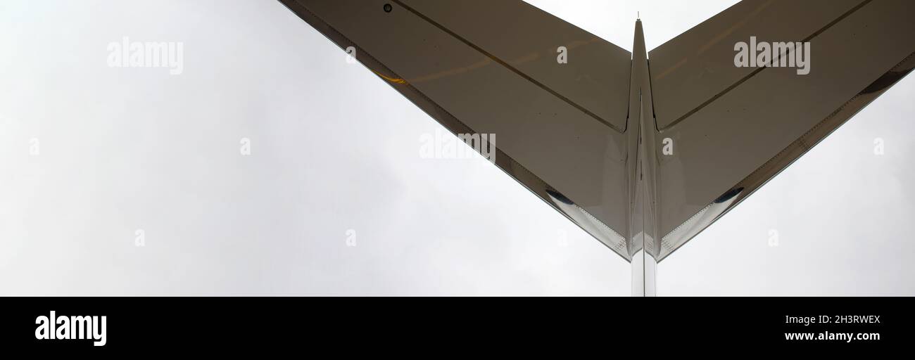 cola de un avión de negocios de primer plano sobre el fondo de las nubes, diseño panorámico Foto de stock