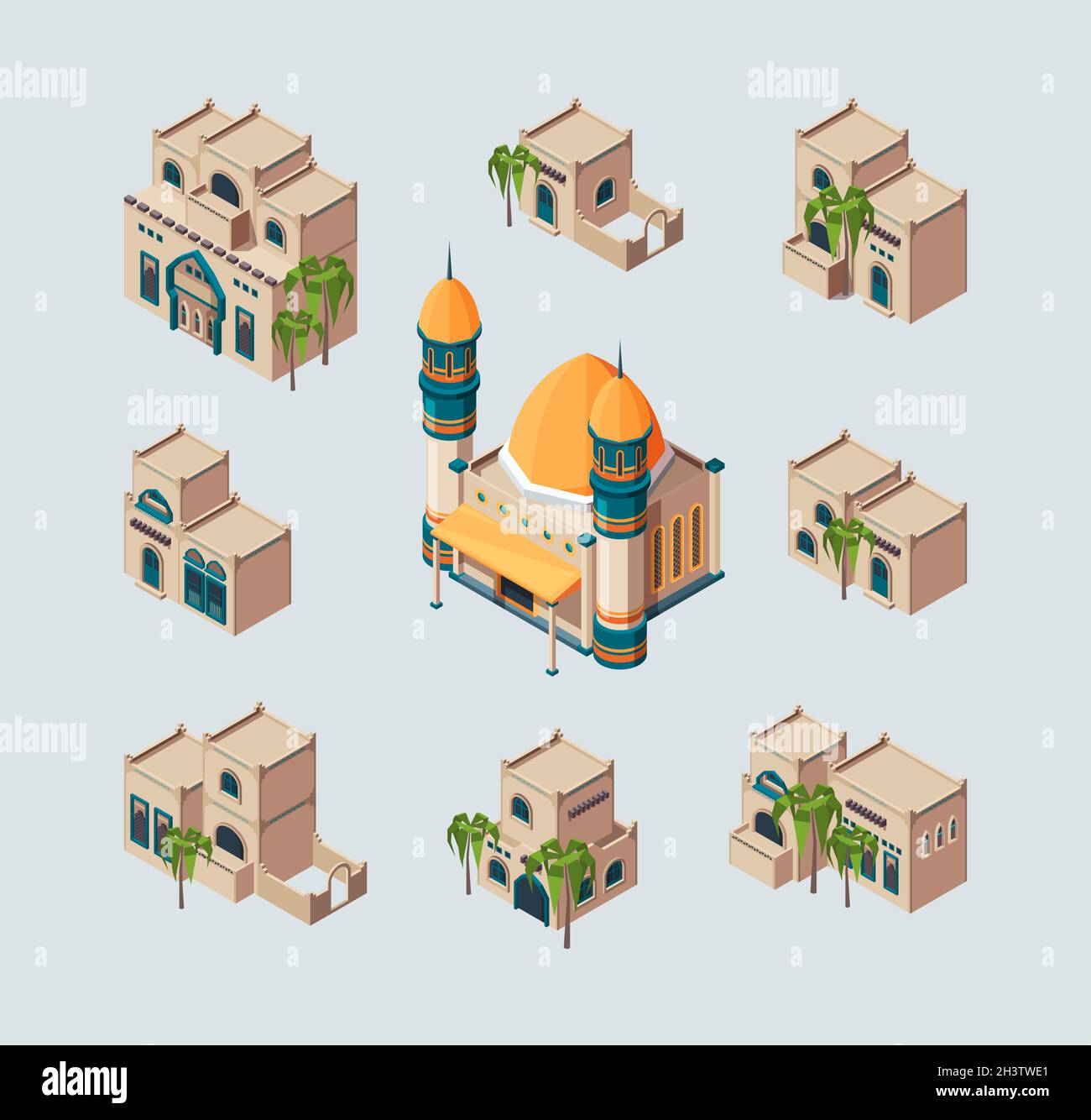 Edificios árabes tradicionales. Desierto de arena oriental cultural casas auténticas vectores colección isométrica Ilustración del Vector