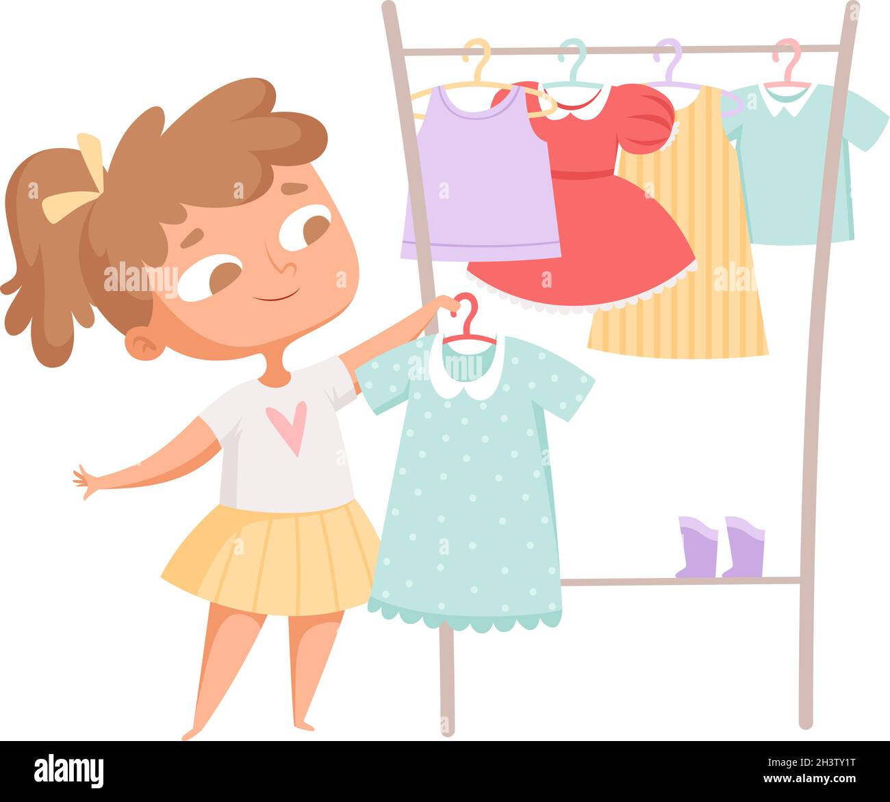 Comprar ropa. Chica y vestido, porta ropa. Niño de dibujos animados en la  tienda de moda elegir nueva imagen vectorial ilustración Imagen Vector de  stock - Alamy
