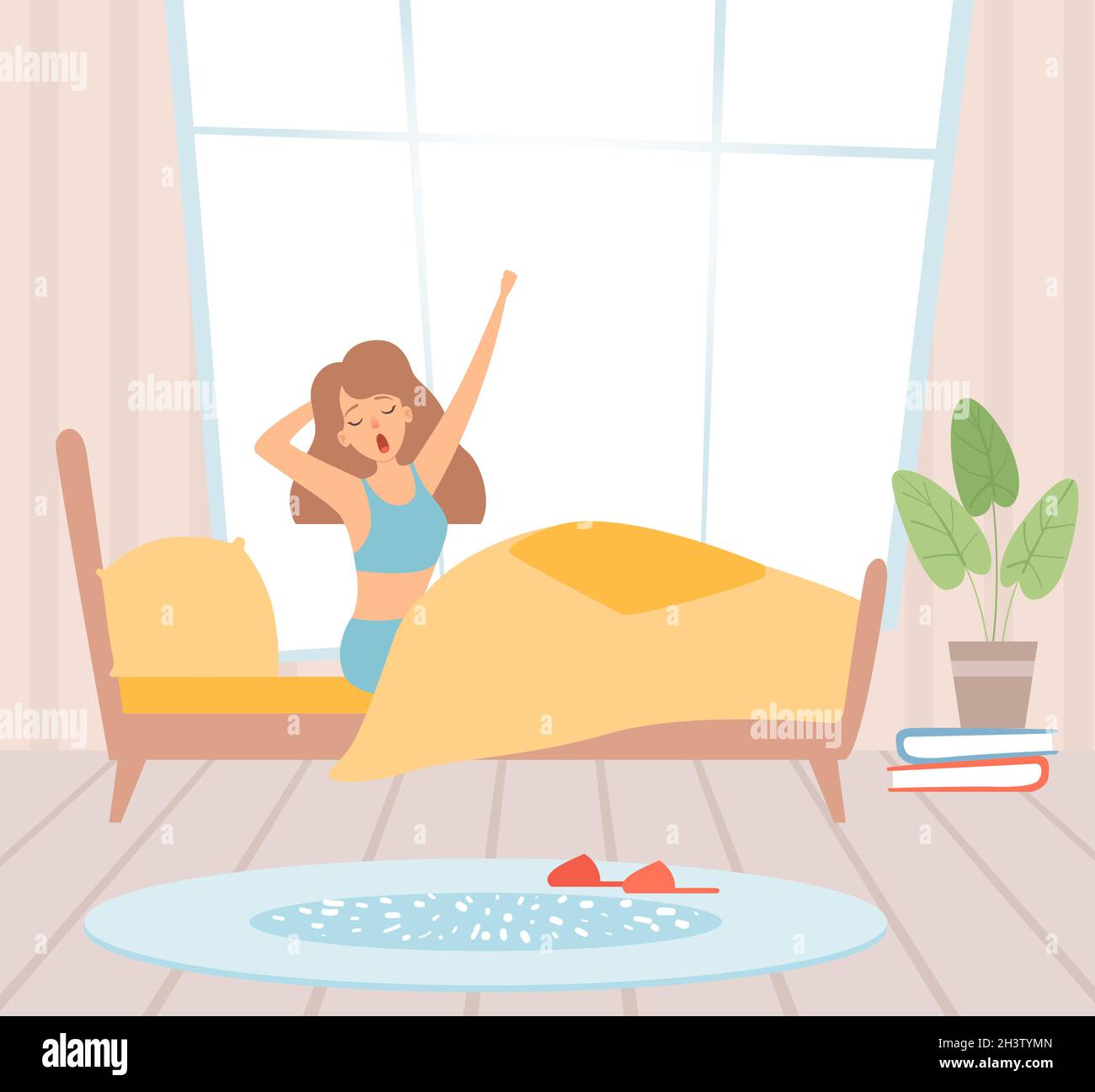Despierta chica. Mujer bostezando en la cama. Mañana soleada, comience la ilustración vectorial del buen día Imagen Vector de stock - Alamy Despierta chica. Mujer bostezando en la cama. Mañana soleada, comience la ilustración vectorial del buen día Imagen Vector de stock - Alamy