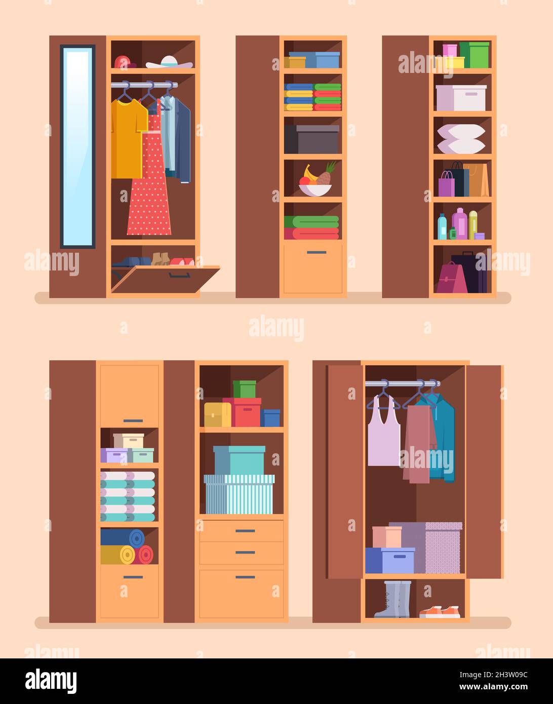 armario organizado. Estantes con muebles interiores de ropa para chaquetas  pantalones y zapatos juego de dibujos animados vectoriales Imagen Vector de  stock - Alamy