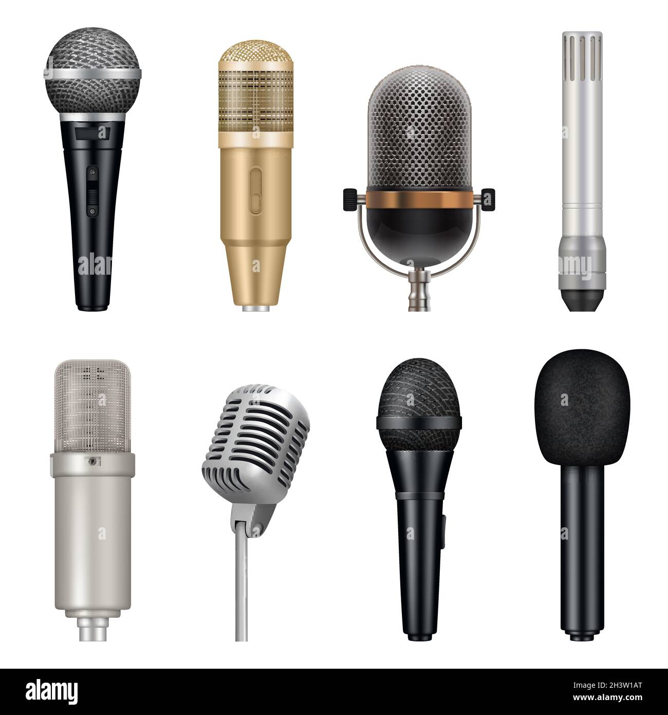 Micrófonos realistas. Equipo de estudio de audio para cantar y hablar  plantillas vectoriales Imagen Vector de stock - Alamy