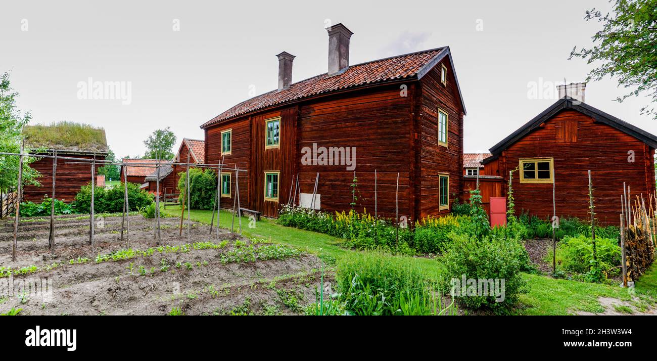 Casas de campo idílicas de color rojo en el país sueco con prados verdes en un hermoso día de verano Foto de stock