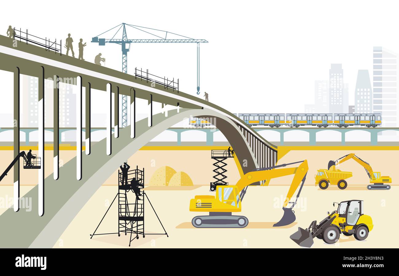 Construcción de puentes con trabajadores de la construcción, ilustración Foto de stock
